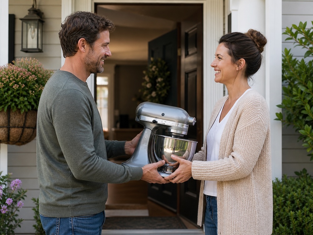 A neighbour smiling while handing a stand mixer to another neighbour at a front door.