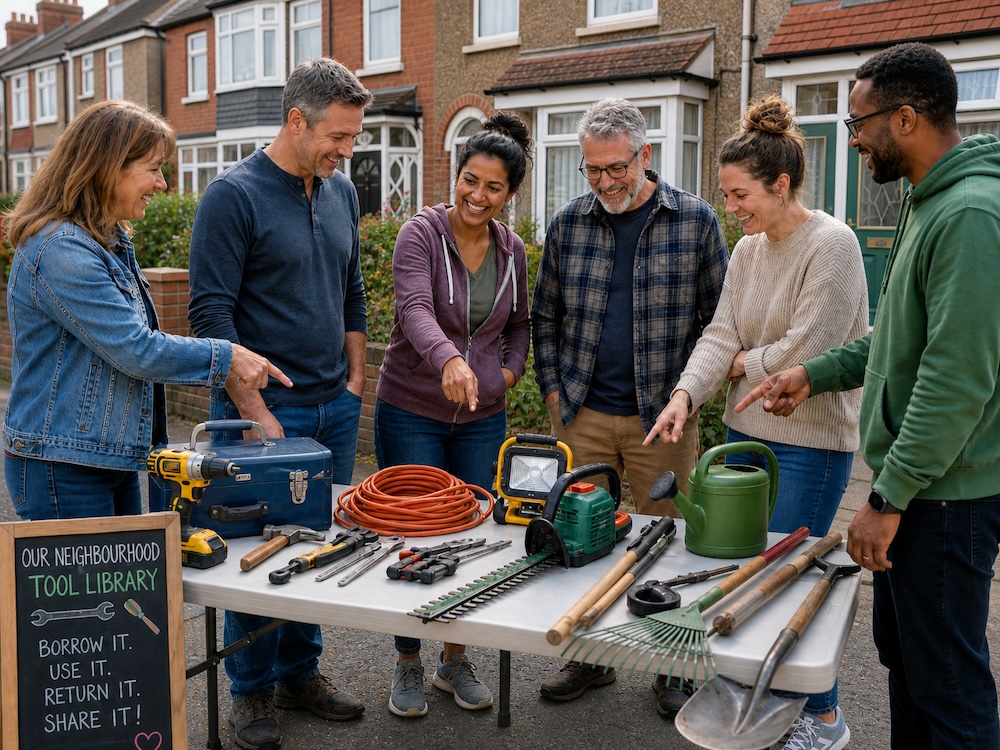 Neighbours around an outdoor tool library table with a chalkboard that reads borrow, use, return, and share.